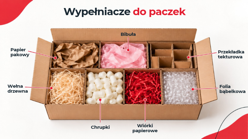 Wypełniacze do paczek Heykapak: papier pakowy, różowa bibuła, chrupki skrobiowe, wiórki papierowe, wełna drzewna, folia bąbelkowa i przekładki tekturowe